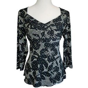 Vintage dressbarn Black Floral Babydoll Top Women's Medium Sequin Whimsigoth Y2K